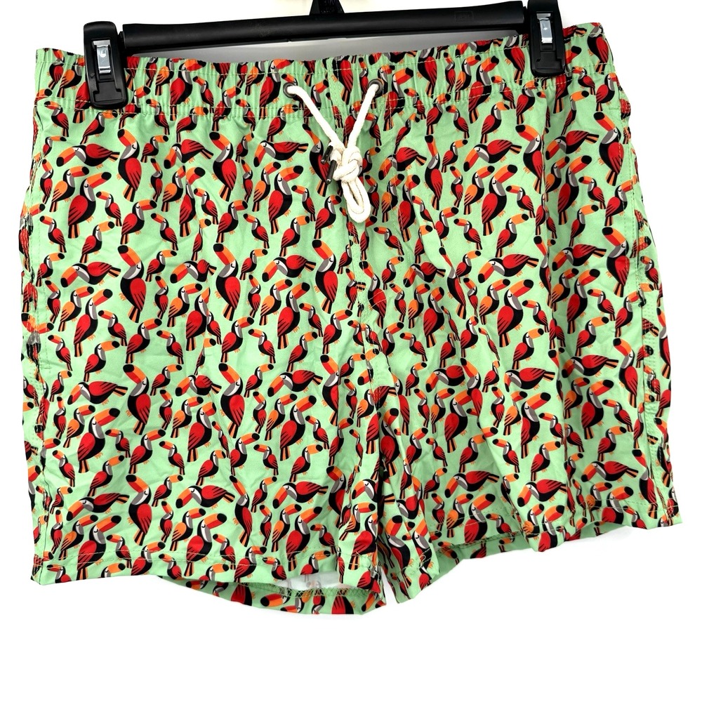 Two Left Feet Swim Trunks Mens XL Green Toucan Tango Bird Print‎ Stretch Shorts